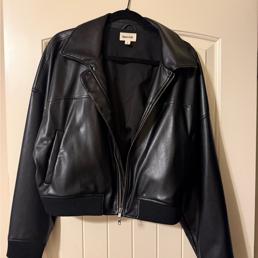 Open Edit Women's Classic Black Leather Jacket